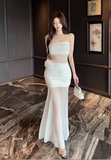 Stylish Bodycon Maxi Dress with Ruched Bodice and Sheer Skirt