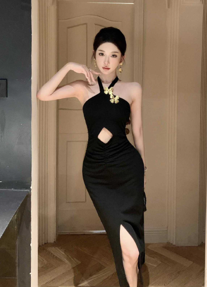 Stylish Black Sling Maxi Dress with Gold Accessory and Split