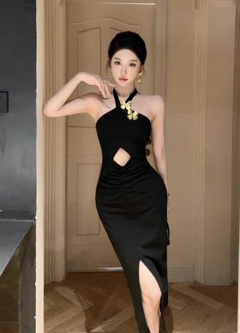 Stylish Black Sling Maxi Dress with Gold Accessory and Split