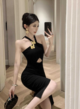 Stylish Black Sling Maxi Dress with Gold Accessory and Split