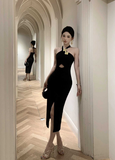 Stylish Black Sling Maxi Dress with Gold Accessory and Split