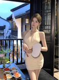 Elegant Halter Neck Cream Ruched Bodycon Mini Dress