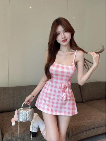 Sweet Pink Gingham Bow - adorned Spaghetti Strap Mini Dress