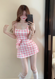 Sweet Pink Gingham Bow - adorned Spaghetti Strap Mini Dress