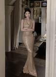 Glamorous Halter Neck Gold Sequin Mermaid Evening Dress