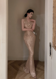 Glamorous Halter Neck Gold Sequin Mermaid Evening Dress