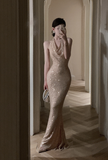 Glamorous Halter Neck Gold Sequin Mermaid Evening Dress