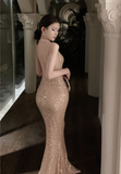 Glamorous Halter Neck Gold Sequin Mermaid Evening Dress