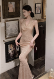 Glamorous Halter Neck Gold Sequin Mermaid Evening Dress