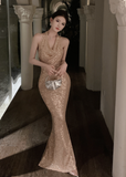 Glamorous Halter Neck Gold Sequin Mermaid Evening Dress