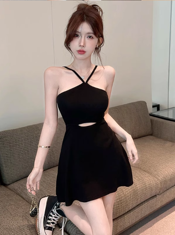 Stylish Crisscross Halter Black Cut - out Mini Dress