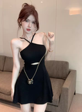 Stylish Crisscross Halter Black Cut - out Mini Dress