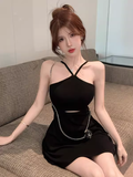 Stylish Crisscross Halter Black Cut - out Mini Dress