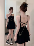 Stylish Crisscross Halter Black Cut - out Mini Dress