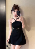 Stylish Crisscross Halter Black Cut - out Mini Dress