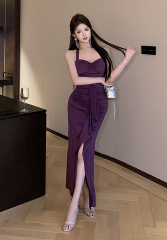 Elegant Halter Neck Purple Ruched Maxi Dress with Slit