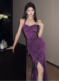 Elegant Halter Neck Purple Ruched Maxi Dress with Slit