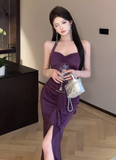 Elegant Halter Neck Purple Ruched Maxi Dress with Slit