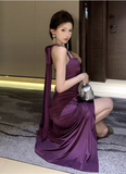 Elegant Halter Neck Purple Ruched Maxi Dress with Slit