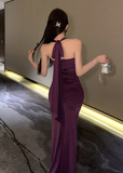 Elegant Halter Neck Purple Ruched Maxi Dress with Slit