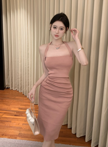 Elegant Halter Neck Blush Pink Ruched Bodycon Dress
