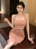 Elegant Halter Neck Blush Pink Ruched Bodycon Dress