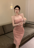 Elegant Halter Neck Blush Pink Ruched Bodycon Dress