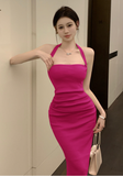 Elegant Halter Neck Blush Pink Ruched Bodycon Dress
