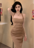 Elegant Halter Neck Blush Pink Ruched Bodycon Dress
