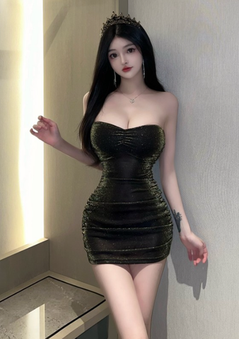 Glamorous Strapless Glittery Olive Green Bodycon Mini Dress