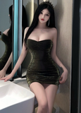 Glamorous Strapless Glittery Olive Green Bodycon Mini Dress
