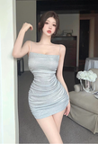 Stylish Spaghetti Strap Silver Sequin Ruched Mini Dress
