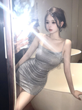 Stylish Spaghetti Strap Silver Sequin Ruched Mini Dress