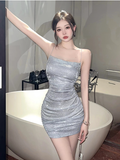 Stylish Spaghetti Strap Silver Sequin Ruched Mini Dress