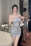 Stylish Spaghetti Strap Silver Sequin Ruched Mini Dress