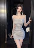 Stylish Spaghetti Strap Silver Sequin Ruched Mini Dress
