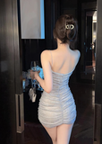 Stylish Spaghetti Strap Silver Sequin Ruched Mini Dress