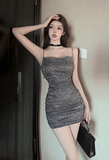 Stylish Spaghetti Strap Silver Sequin Ruched Mini Dress