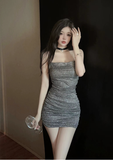 Stylish Spaghetti Strap Silver Sequin Ruched Mini Dress