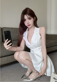 Stylish Sleeveless White Blazer - style Vest and Skirt Set