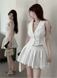 Stylish Sleeveless White Blazer - style Vest and Skirt Set
