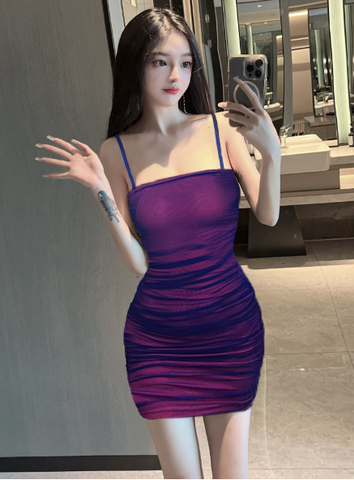 Stylish Spaghetti Strap Ombre Mesh Ruched Mini Dress