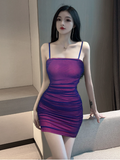 Stylish Spaghetti Strap Ombre Mesh Ruched Mini Dress
