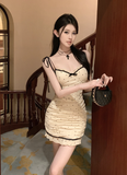 Elegant Spaghetti Strap Cream Polka Dot Ruched Mini Dress