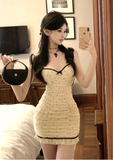 Elegant Spaghetti Strap Cream Polka Dot Ruched Mini Dress