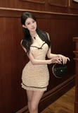 Elegant Spaghetti Strap Cream Polka Dot Ruched Mini Dress