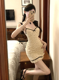 Elegant Spaghetti Strap Cream Polka Dot Ruched Mini Dress