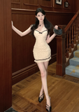 Elegant Spaghetti Strap Cream Polka Dot Ruched Mini Dress