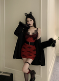 Stylish Gothic Red Dress with Black Belt and Gloves