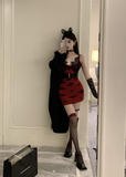 Stylish Gothic Red Dress with Black Belt and Gloves